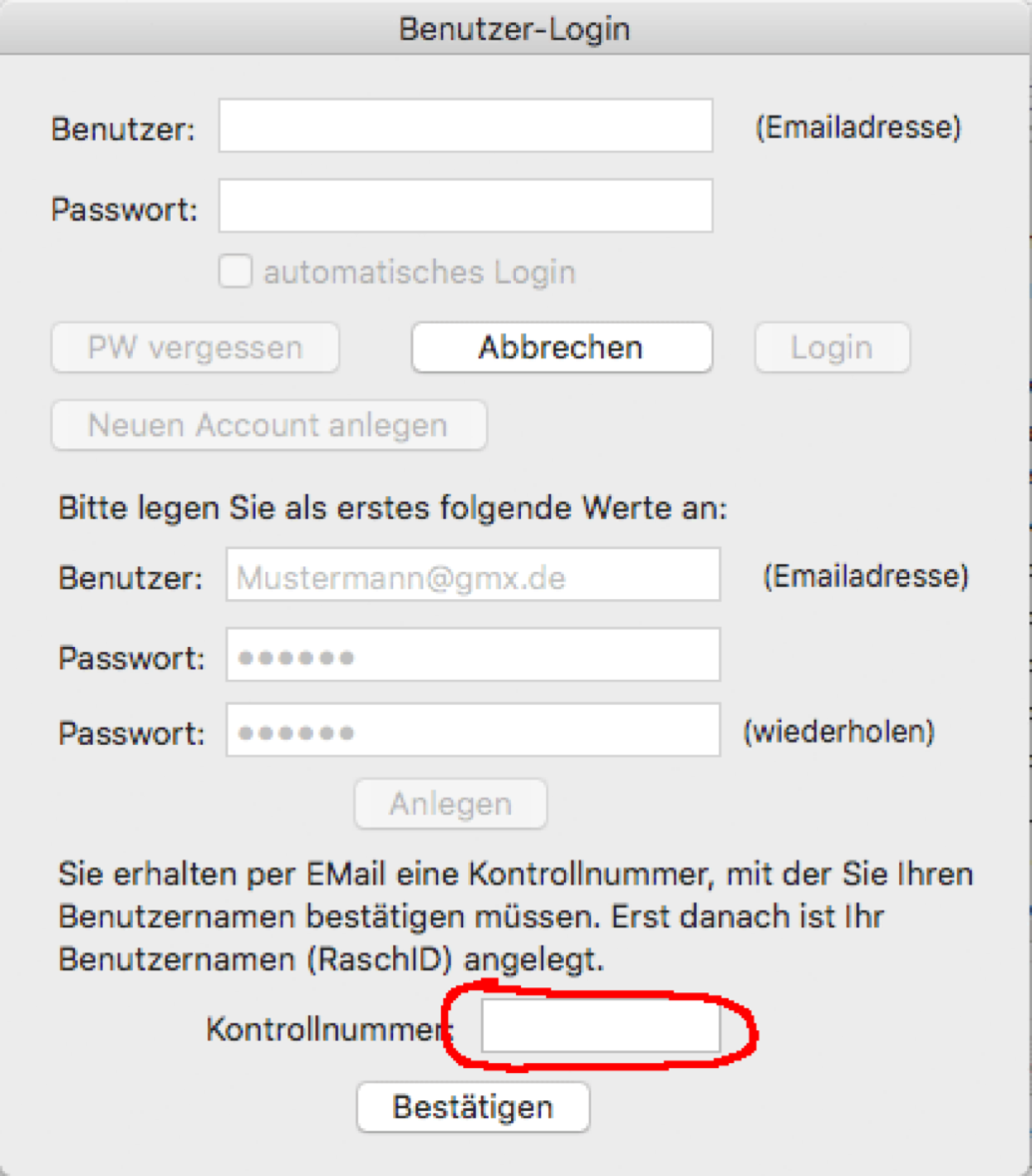 Wo die Kontrollnummer in Fenster eingegeben werden muss.