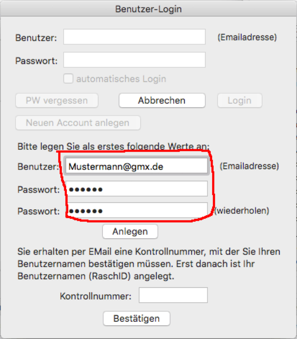 Login-Fenster, wenn ein neues Fenster angelegt werden soll.